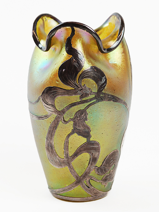 American art glass vase with silver overlay, 5 1/4 inches high, $574. Image courtesy of Morton Kuehnert Auctioneers.